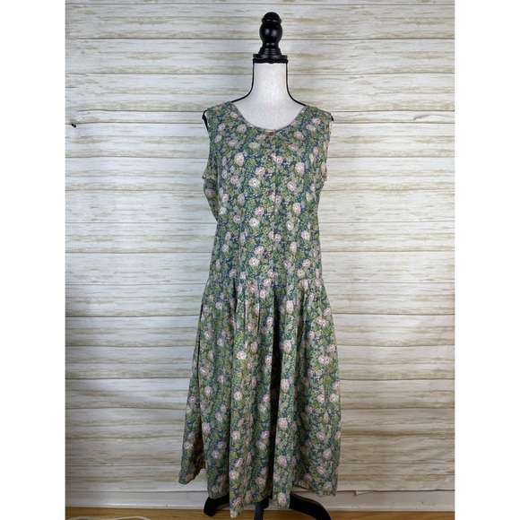 Vintage Blue Cotton Wild Rose Primt Button Fromt Midi Dress - Picture 1 of 6